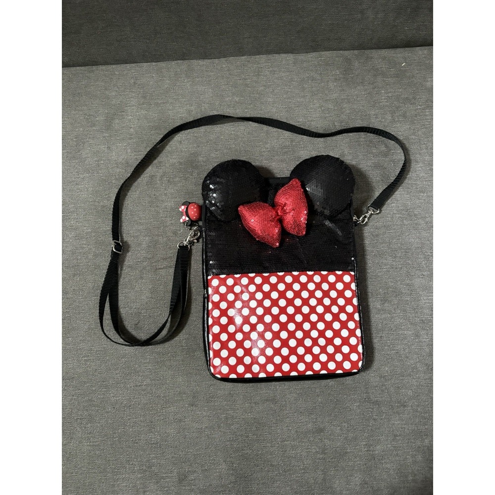 Disney Minnie Mouse Flat Crossbody Purse Sequin Mouse Ear Red Bow Polka Dot